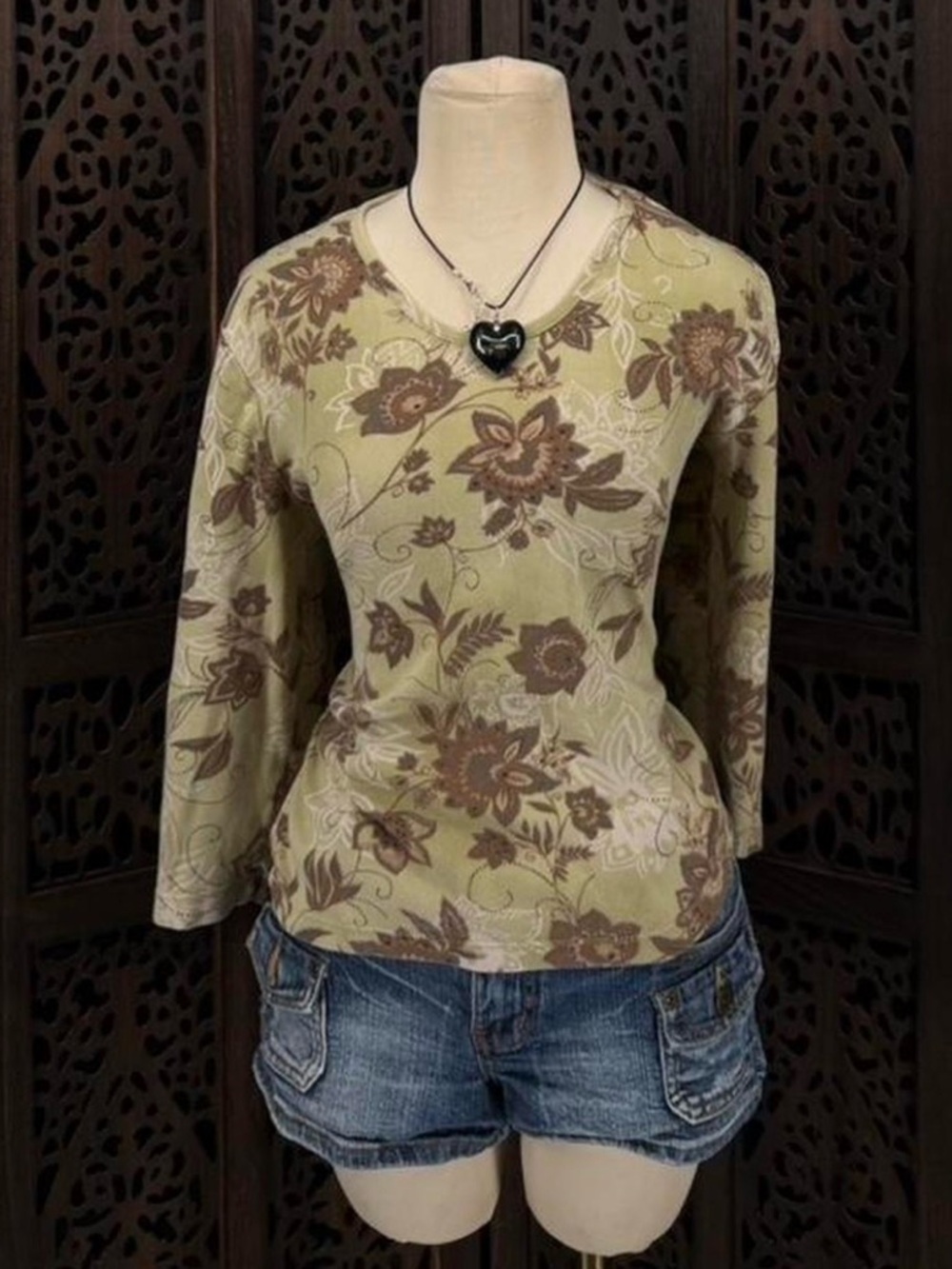 Floral Print Olive Green Long-Sleeve Women’s Top